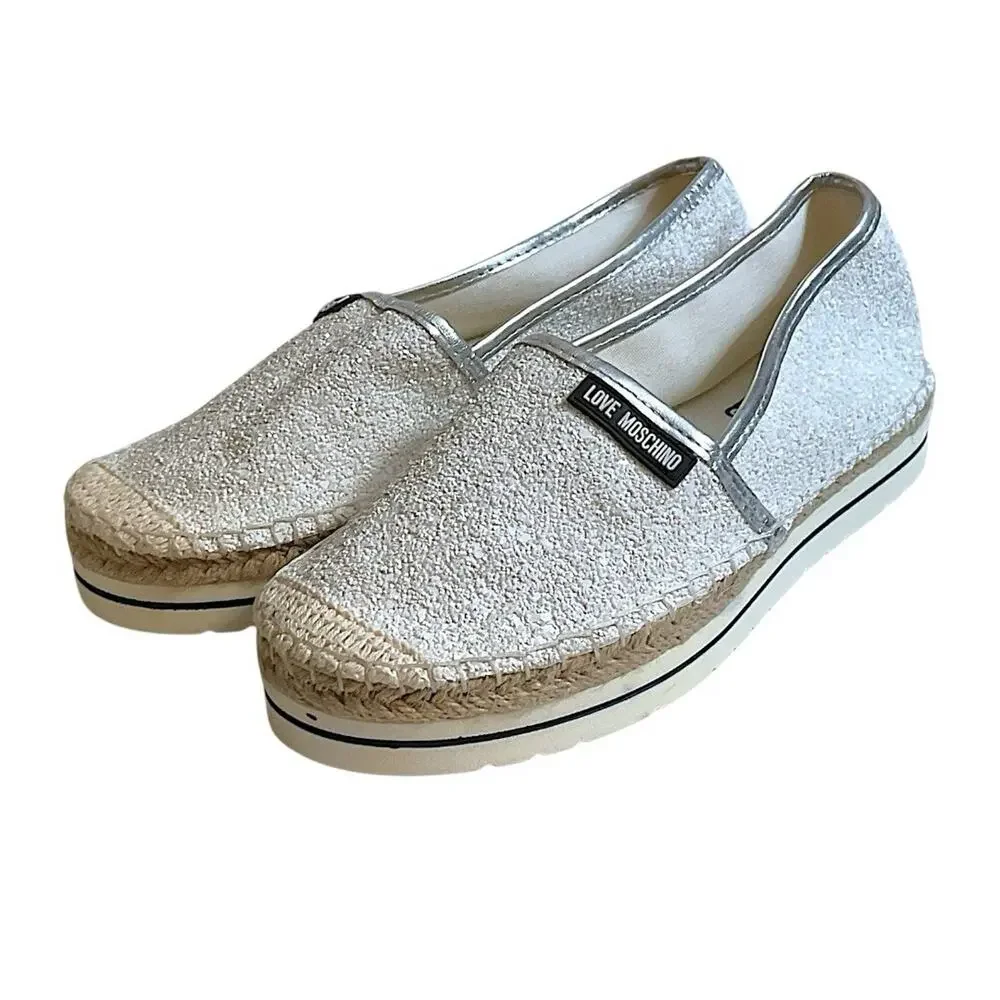 Love Moschino White Glitter Espadrille Platform Slip On Loafers Silver Women’s 6 - Picture 8 of 13